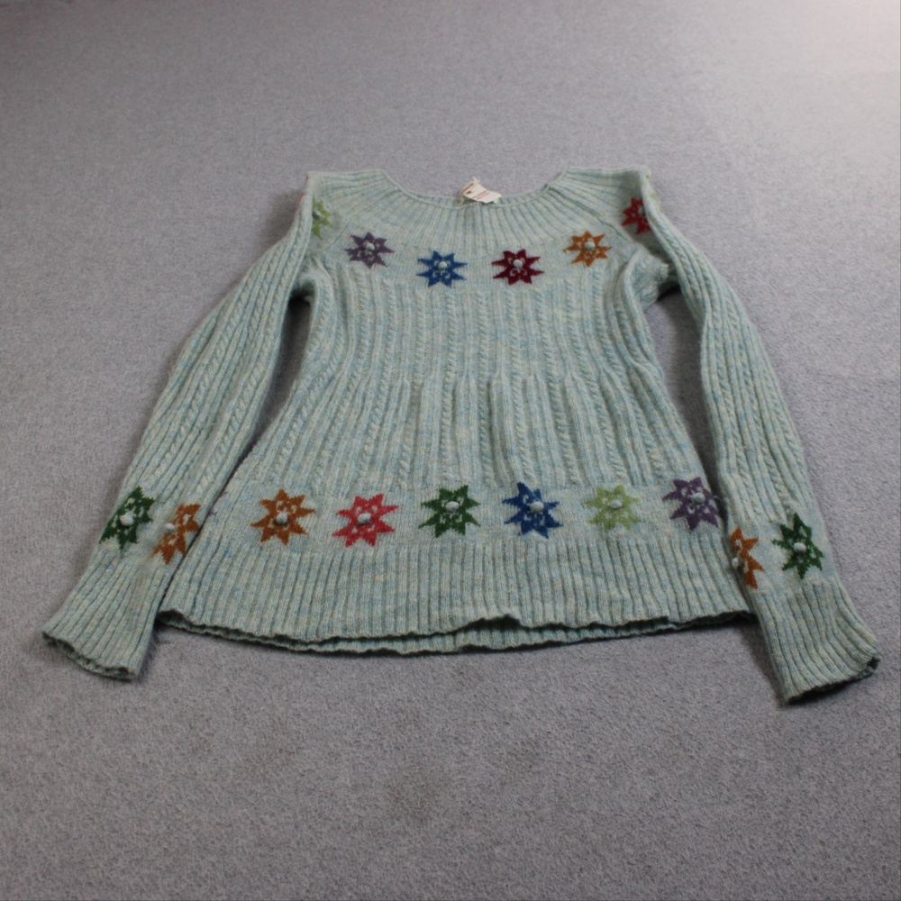 Sundance Lambswool Sweater Women Medium Blue Floral Knit Boho Cottage Colorful